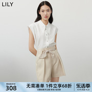 商场同款lily2023夏女装(夏女装)别致排扣舒适全棉，通勤无袖白衬衫