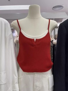 东大门夏季女辣妹假两件拼接无袖上衣设计感红色针织吊带背心