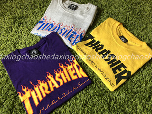 thrasherflametee限定紫色黄色，雪花灰情侣，火焰短袖t恤