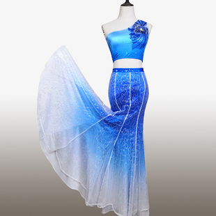 傣族舞蹈服女成人大裙摆修身蓝色渐变鱼尾裙演出服装女艺考孔雀舞