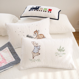 在耳边卡通刺绣可爱儿童枕套，手工绗缝纯棉枕头套，单只枕套30*50cm
