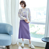MIUCO细腻绒毛梦幻紫色花朵针织衫+高腰直筒针织半裙套装