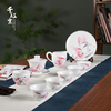 千红窑釉下五彩手绘十件套，家用陶瓷功夫茶具，套装盖碗茶杯礼盒装