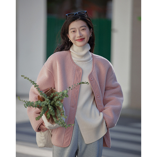 觅定粉色羊羔绒外套女秋冬款韩系设计感高级感小个子短款毛绒上衣