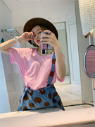 智研韩国东大门夏季纯色，净色百搭圆领下摆，弧线设计短袖粉色t恤