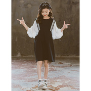 韩国女童连衣裙2024夏季韩版洋气中大童五分，袖裙子儿童百褶公主裙