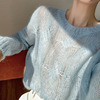 蓝色微透镂空马海毛针织衫，秋冬季温柔风软糯外穿宽松套头上衣