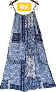 民族风麻吊带裙蓝印花布老布连衣裙，大裙摆长裙，过膝海边沙滩裙416