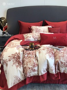 雅兰床上四件套红色婚庆100支长绒棉，全棉数码印花被套新婚高级感