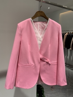 2024春季粉色西装桑蚕丝，欧根纱马甲重磅，醋酸麻外套两件套v领