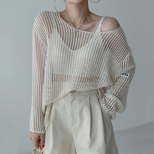 韩国chic夏季简约圆领，套头宽松上衣薄款镂空透视防晒针织衫罩衫女