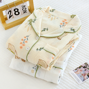 婴儿棉纱布女士薄款长袖，家居服套装纯棉绉布泡泡纱，春秋季睡衣夏季