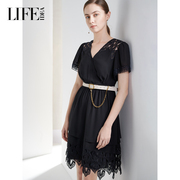 莱芙艾迪儿品牌短袖V领连衣裙气质设计感高级女人味夏季长裙子