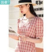 茵曼格子连衣裙女短袖2021年夏季方(夏季方)领显瘦复古文艺a字中裙子