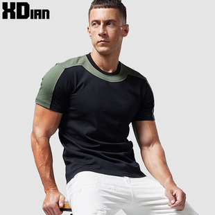 280G重磅拼色短袖T恤男肌肉修身运动纯棉打底衫紧身纯色上衣夏季