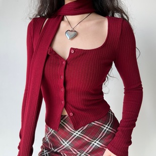 gogirlgo自制欧美风，复古红色u领条纹针织，开衫女修身长袖上衣