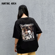 Hunting Area2023SS美式高街骷髅花卉印花圆领短袖T恤 男女同款