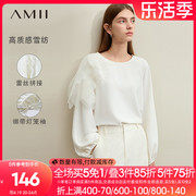 amii法式雪纺衫女2024春季圆领，拼蕾丝绑带，灯笼袖小衫宽松上衣