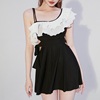 cicory2022黑色连体大荷叶领设计师韩式遮肉显瘦裙式平角泳衣