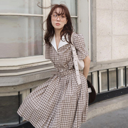 韩国chic夏季法式复古西装领撞色设计感小众收腰显瘦格纹连衣裙女