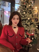 新年圣诞节红色毛衣开衫，女本命年时尚设计感潮流外穿内搭针织上衣