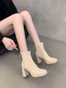 高跟鞋女粗跟短靴2023春秋季单靴白色，瘦瘦靴中跟马丁靴小踝靴