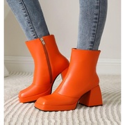 方头鞋粗跟马丁靴高跟短筒女厚底短靴蓝色紫色橘色靴子大码靴 XTD