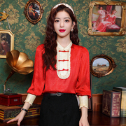 新中式上衣衬衫春季长袖气质复古盘扣立领衬衣女款秋红色国风小衫