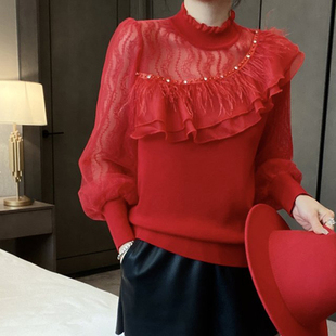 荷叶边镂空设计感小衫灯笼袖，蕾丝拼接红色上衣2024春季新年针织衫