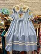 蓝色长裙高档精细棉布连衣裙长款夏季短袖，蕾丝花边翻领刺绣宽松