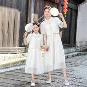 女童长裙夏季母女裙子儿童亲子装中国风蕾丝甜美罩衫吊带裙两件套