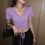 香芋紫色露脐短款T恤女短袖v领收腰系带高腰漏脐装紧身抽绳上衣潮
