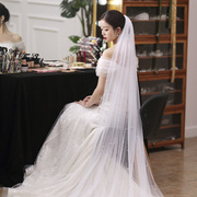 头纱新娘主婚纱中长款齐地拖地带珍珠单层结婚高级感婚礼仪式复古