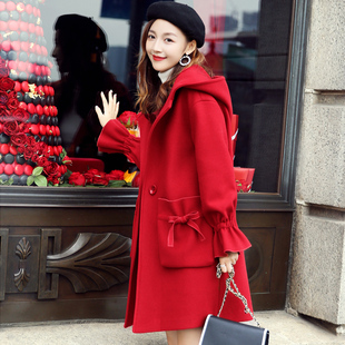 红色毛呢大衣，2023年女中长款韩版宽松呢子高定小香风冬季外套