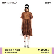 IIIVIVINIKO夏季欧根纱衬衫式短袖压褶连衣裙女M320647177D