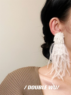 新娘婚礼耳环原创设计鸵鸟毛耳钉波西米亚水晶串珠羽毛无耳洞耳夹