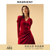 MAXRIENY红色礼服丝绒连衣裙冬款V领复古短裙子