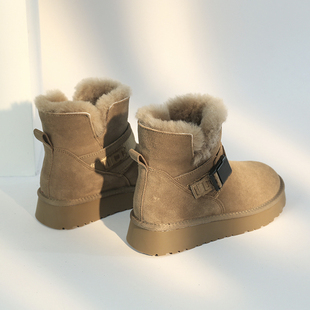 皮带扣雪地靴女2023冬季厚底，防滑短靴子牛皮，加绒保暖棉鞋学生