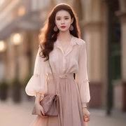 春夏粉色雪纺连衣裙气质名媛高端女神，范高级(范，高级)感今年流行两件套装裙