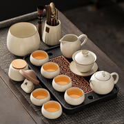 米黄汝窑功夫茶具套装家用轻奢高档陶瓷泡茶壶，盖碗喝茶杯茶盘中式
