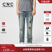 CNC男装春夏新款时尚潮流字母破洞男士复古水洗宽松直筒牛仔裤