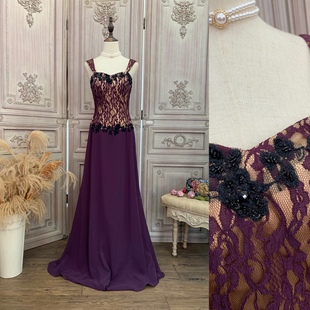 l码0130紫色，复古vintage双肩，蕾丝礼服裙