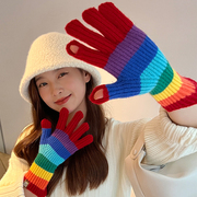 彩虹条纹针织手套女秋冬季加厚韩国情侣骑行彩色露二指可触屏手套