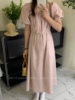 韩国chic方领露背系带宽松小个子粉色连衣裙女法式气质通勤长裙