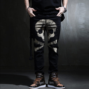 韩国潮牌男士青年骷髅印图韩版潮流修身直筒小脚黑色休闲裤牛仔裤