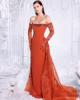 橘红色一字肩长袖修身显瘦优雅红毯走秀演出唱歌晚礼服新娘敬酒服