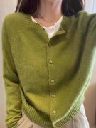 秋冬100%纯羊毛开衫，女圆领针织毛衣外套，气质牛油果绿色羊毛衫