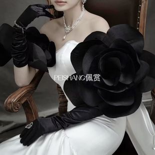 长款花朵手套手工立体花朵黑色婚纱礼服造型影楼拍照演出年会手袖