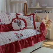 复古小玫瑰裙摆沙发垫大红纯棉法A式坐垫结婚喜庆防滑北欧简约欧