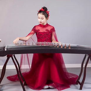儿童古筝表演服女童中国风红色汉服绑带礼服高端民乐演奏主持演出